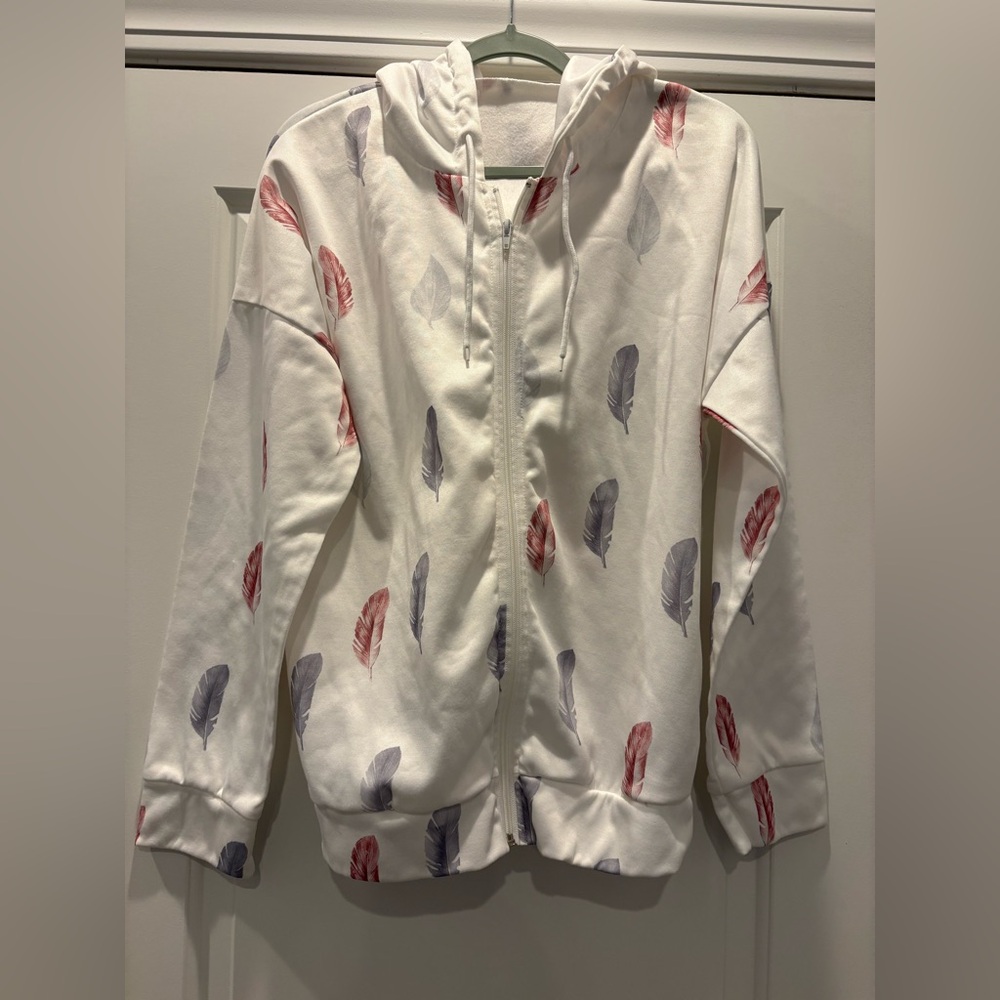 White Hooded Jacket with Feather Print